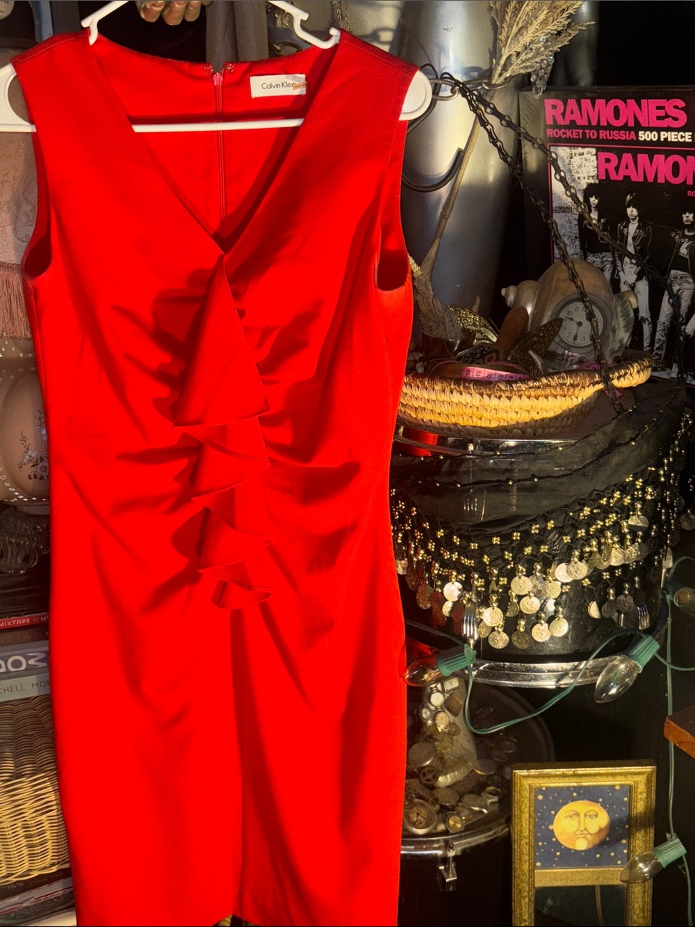 Calvin Klein Bright Red Sleeveless V-Neck Ruffle Sheath Dress